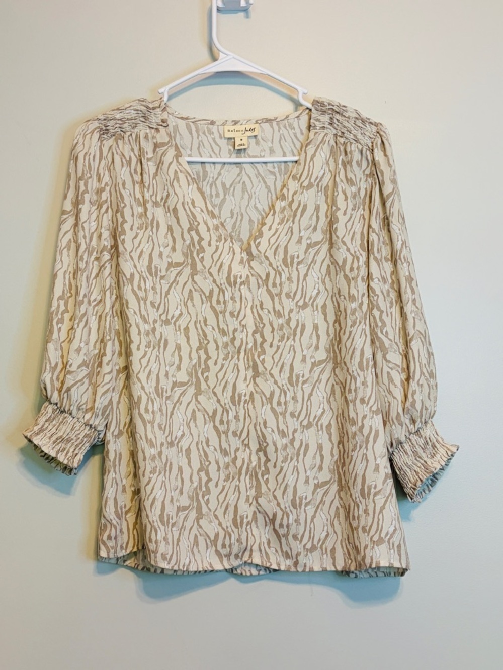 Maison Jules Beige and Cream Patterned V-Neck Blouse